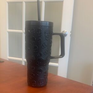 Matte Black Skull Mug with Handle and Straw